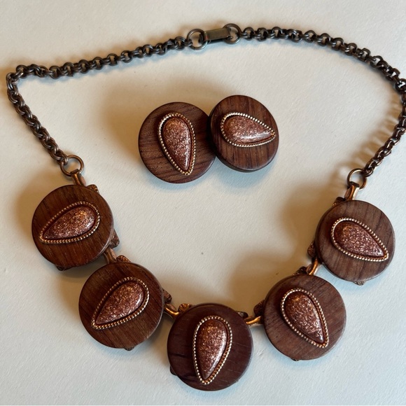 Elegant Vintage Copper, Wood, & Goldstone Necklace & Earring Set - Picture 2 of 8
